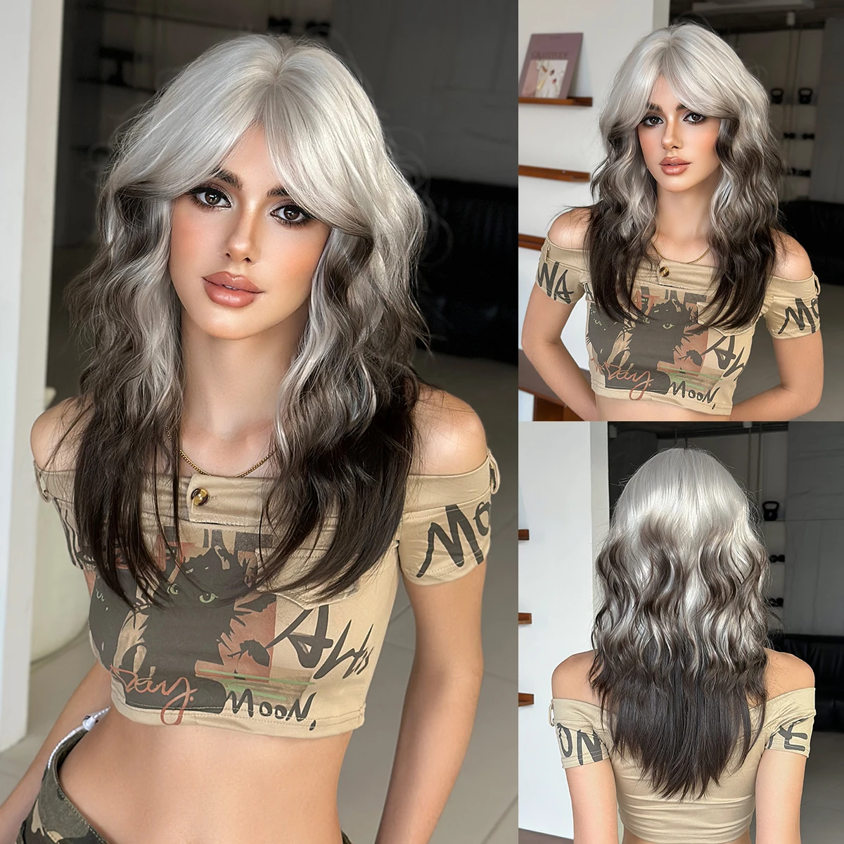 

Длинный волнистый белый женский парик, натуральный мягкий высококачественный синтетический термостойкий парик из волокна, крашение хвоста, черный парик для Хэллоуина