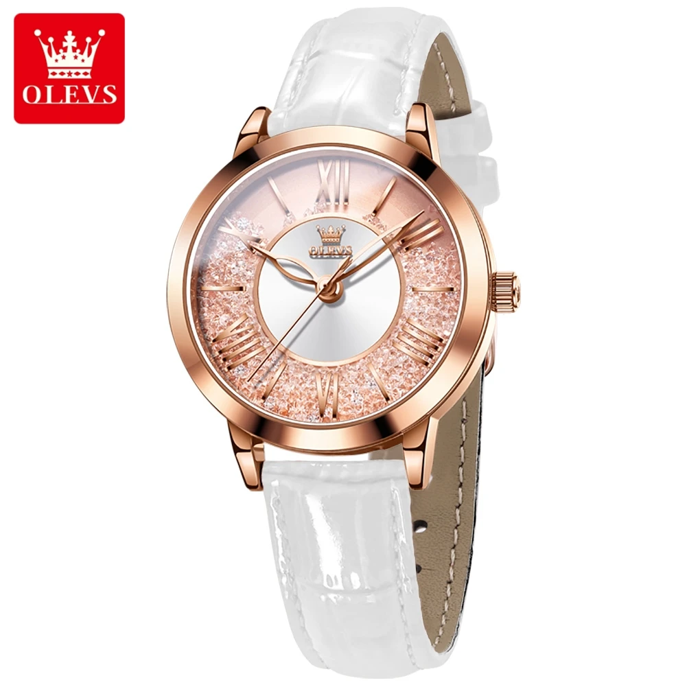 OLEVS 5539 Quartz Watch for Women Flowing Crystal Design Roman Numeral Scale Ladies Wristwatch Leather Strap Waterproof Watches