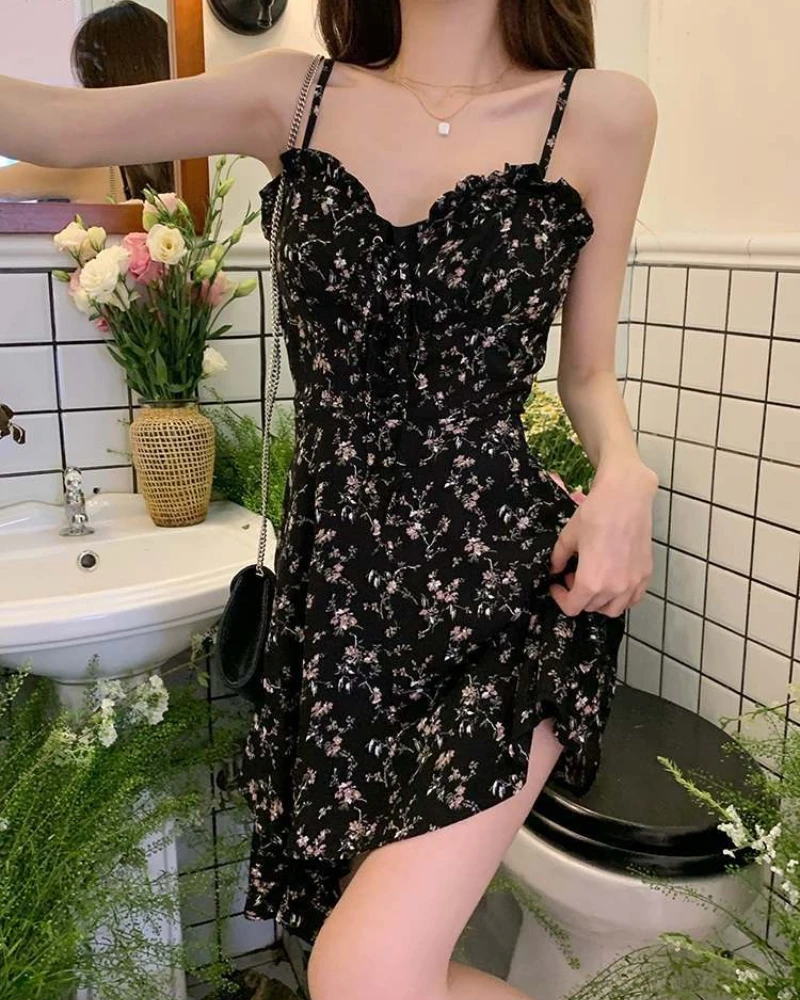 Mulheres primavera verão novo design pequeno e sofisticado sentido alça floral preto fungo borda emenda vestido