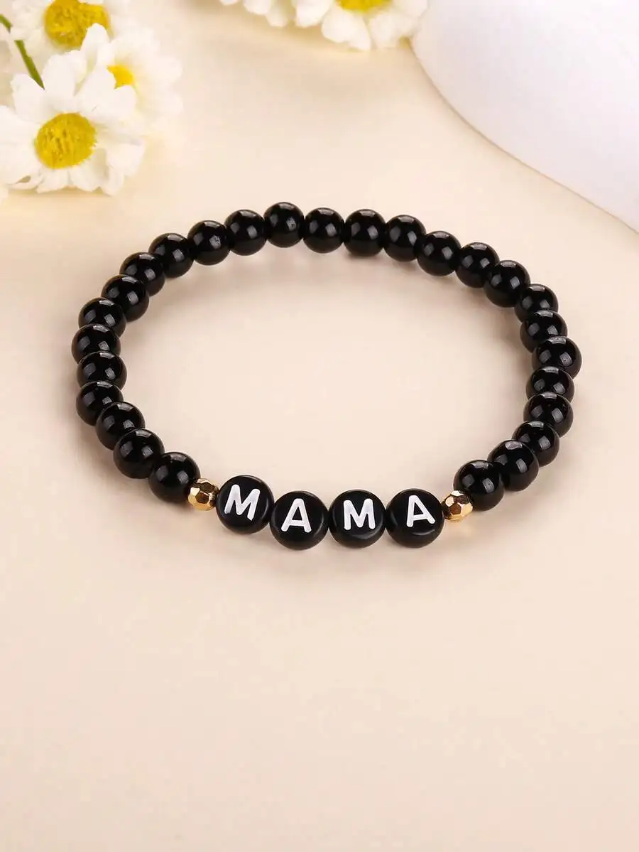 1pc Cross-Border 6mm Shiny Black Round Bead Elastic Bracelet for Mothers Day Gift