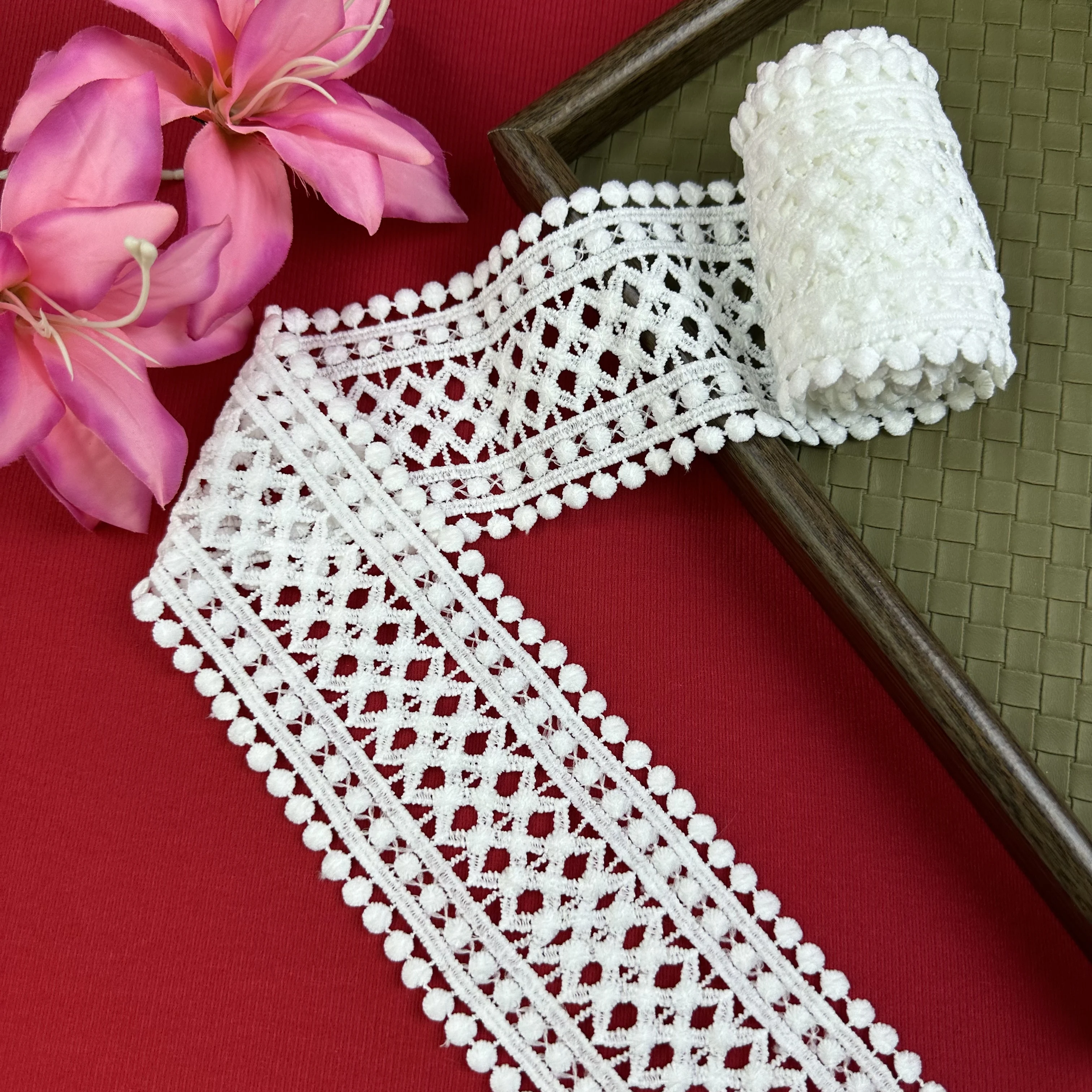 Geometric Hollow Dot Embroidered Lace Trim, 3.15 Inch Width, Ideal for DIY Sewing, Garment Decoration & Craft Projects