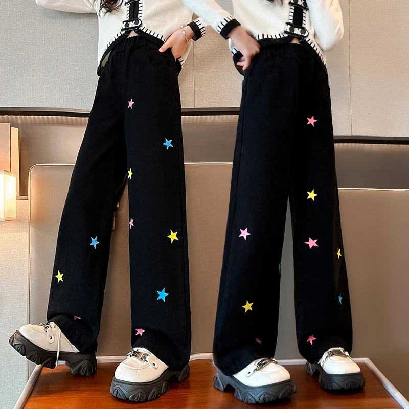 Tween Girls Black Winter Jeans with Star Embroidered Wide Leg Elastic Waist Thermal Denim Pants with Fleece Lined for Kids Child