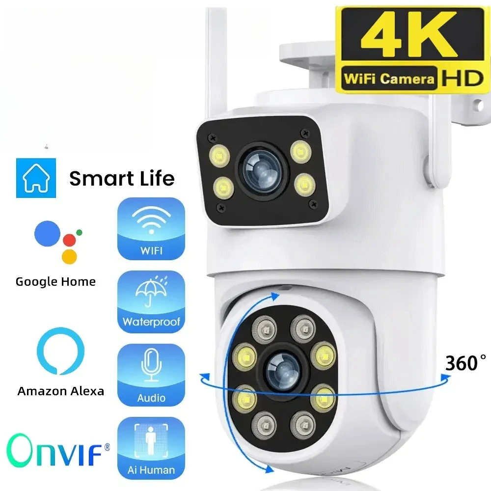 

4K 8MP Dual Lens WIFI Camera PTZ Outdoor Dual Screen Ai Human Auto Tracking Security Camera Surveillance with Alexa Google