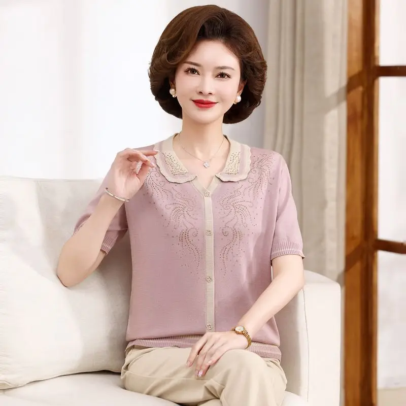 

New Style of Middle Aged Elderly Mothers Wear Lapels Fashionable Commuting Spring Summer Fashion Comfortable Knitted T-shirt