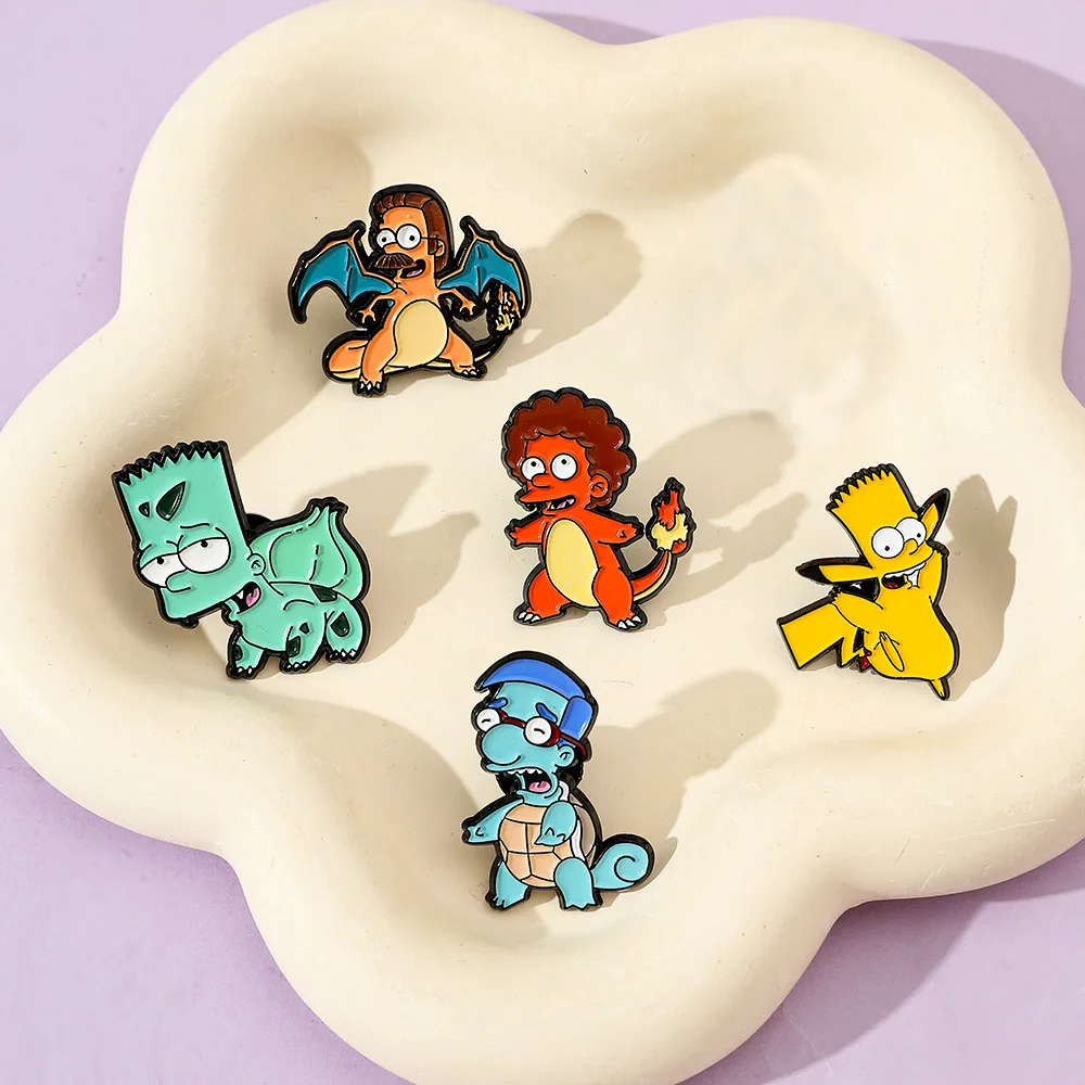 5Pcs/Set The Simpsons x Pokemon Mashup Enamel Pins, Cute Anime Character Brooches, Pikachu Bart Simpson Lapel Pins for Backpacks