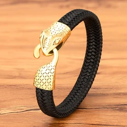 XQNI Trendy Snake Head Stainless Steel Men's Leather Bracelet Charm Braided Jewelry Birthday Gift for Male Female Bracelets