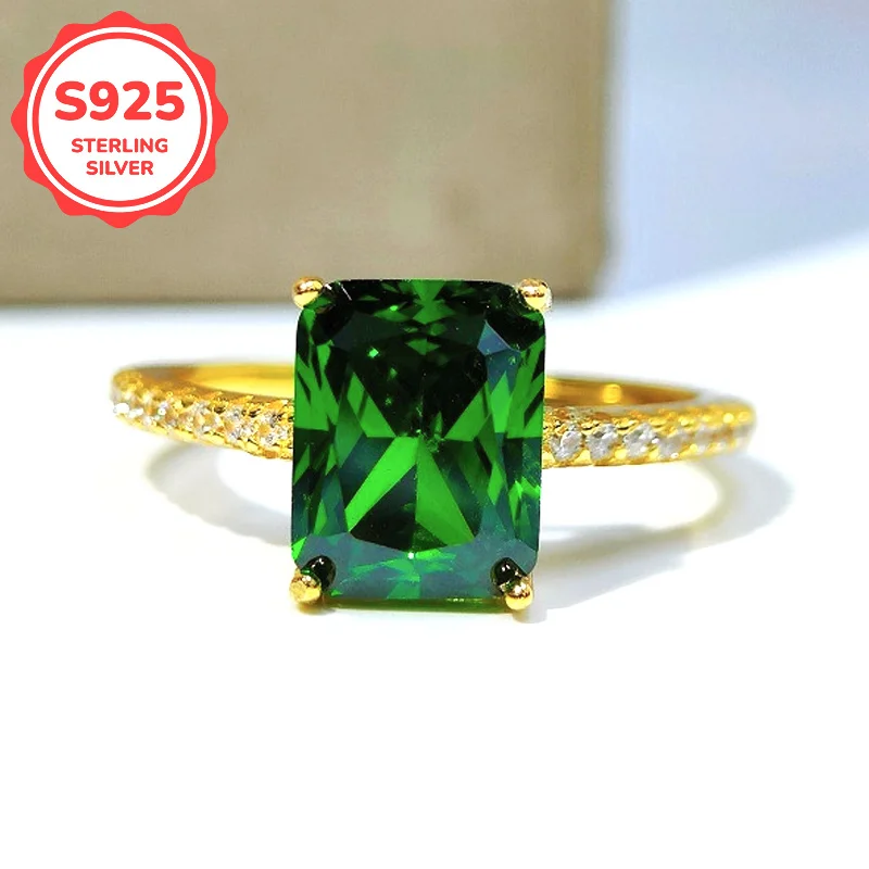 1pc 3Ct S925 Sliver Golden & Green Rectangular Design Retro Synthetic Zircon Ring, Clothing Accessories Jewelry Gifts for Lady.