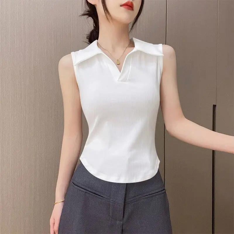 Women's Sexy Polo Collar Sleeveless Tank Top Slim Fit Korean Style Solid Plain Casual Non-Backless Y2K Tops Women Clothing