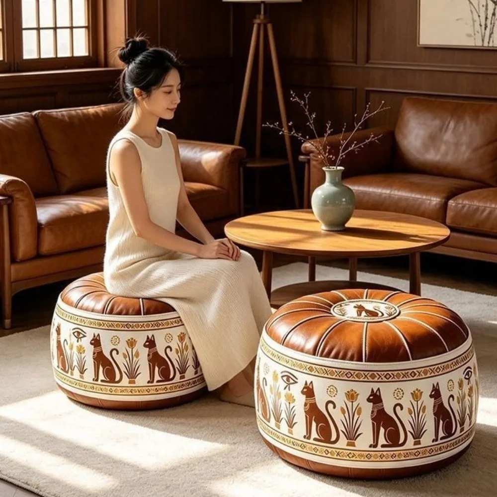 PU Leather Boho Style Seat Cushion Cover Unstuffed Large Capacity Sofa Stool Cover Fillable Design Waterproof Storage Leg Bench