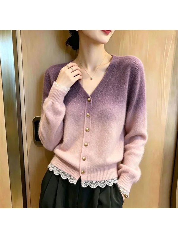 High-End Gradient Color Knitted Long Sleeve Open Cardigan Women's Autumn Winter New Style Lace Trim Loose Outerwear V-Neck Sw...