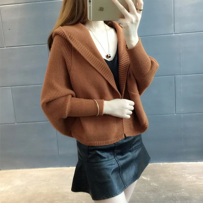 Spring Autumn Winter Women's Short Batwing Coat With Hat Long Sleeve Knitted Sweater Thickened Open Cardigan Early Autumn Fashio