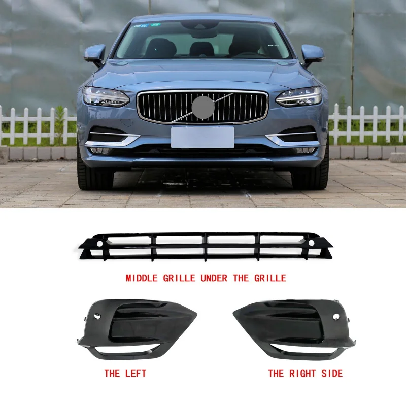 Three-Piece Set for S90 V90 New Plastic Front Bumper Fog Light Cover L R 31425143 31425144 Grille 31425139 for 5