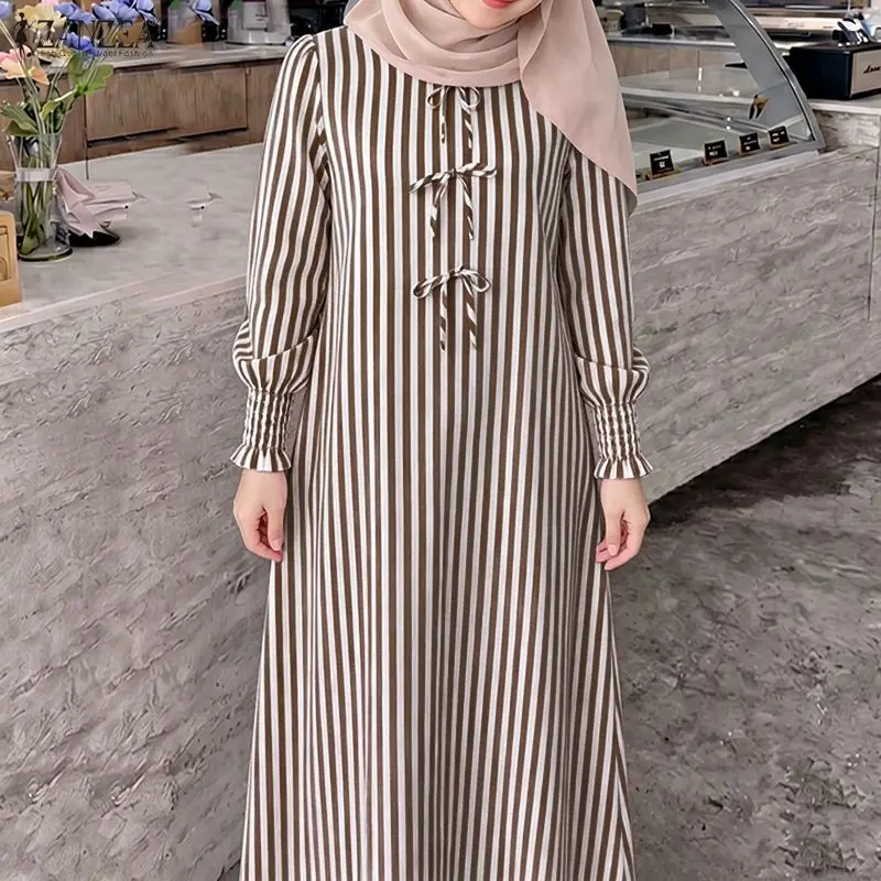 

ZANZEA Fashion Muslim Dresses Ramadan Abaya Elegant Women O Neck Long Sleeve Striped Sundress Casual Kaftan Dubai Robe Femme