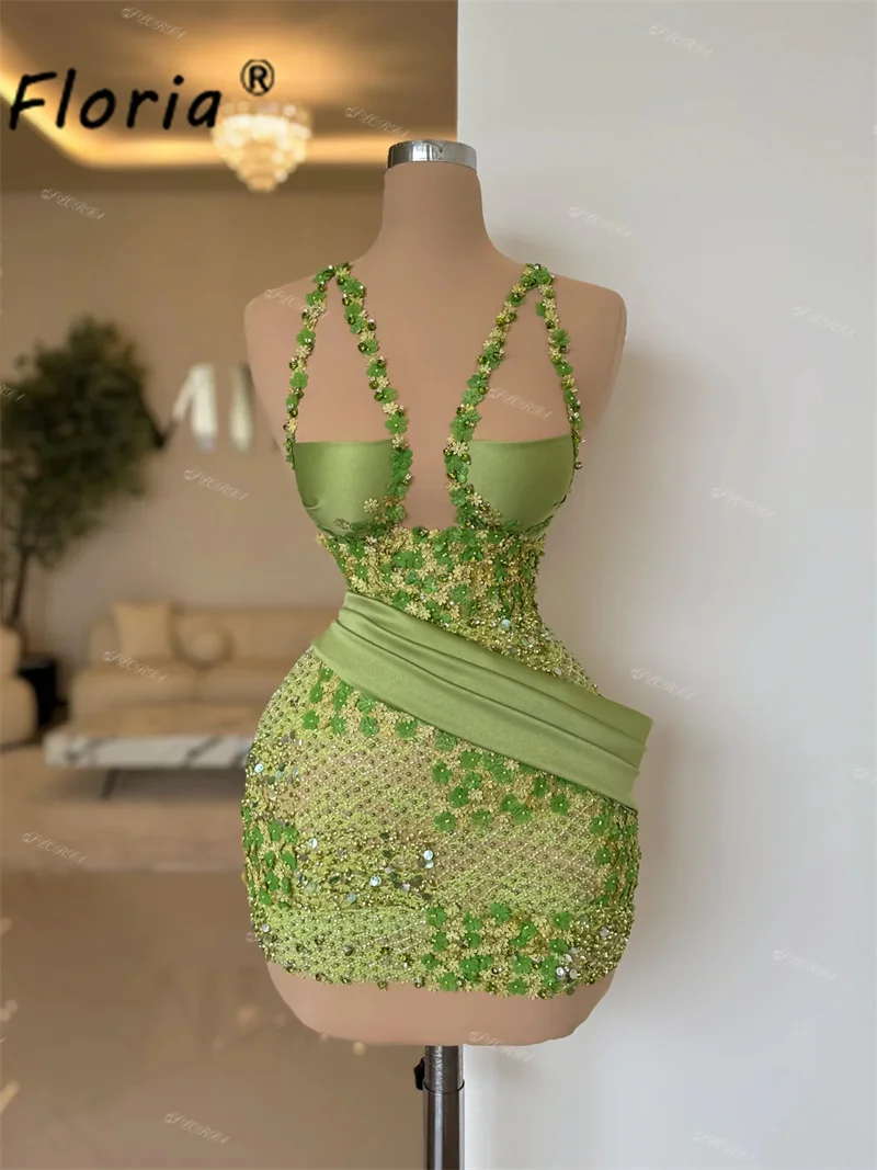 Summer Green Spaghetti Straps Flowers Cocktail Dress Sexy Beaded Beach Birthday Party Dresses Mini Prom vestidos de gala