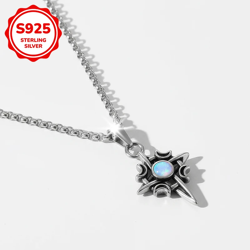 A S925 sterling silver retro punk moon four-pointed star men's necklace is suitable as commemorative day gift for men