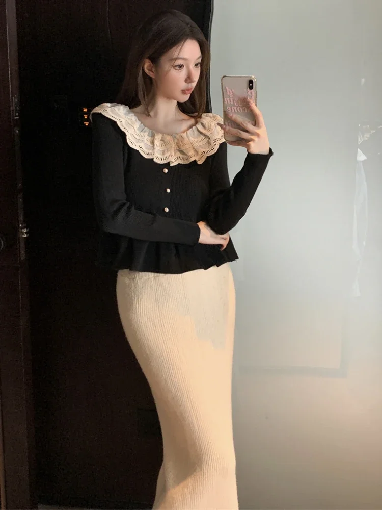 Winter Clothing Sweet Sweater Women 2024 Ropa Mujer Elegant Ruffles Y2K Jumper Pull Femme Lace Patchwork Knitted Pullovers Tops