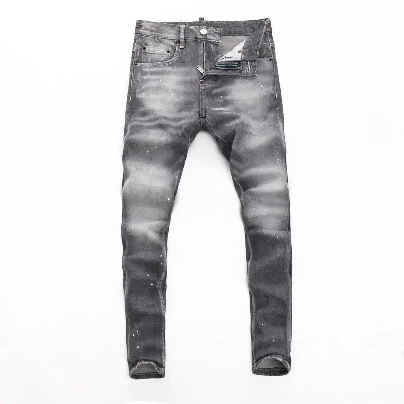 

Street Style Men'S Jeans Retro Distressed Gray Washed Frayed Slightly Stretchy Skinny Trendy Jeans Men