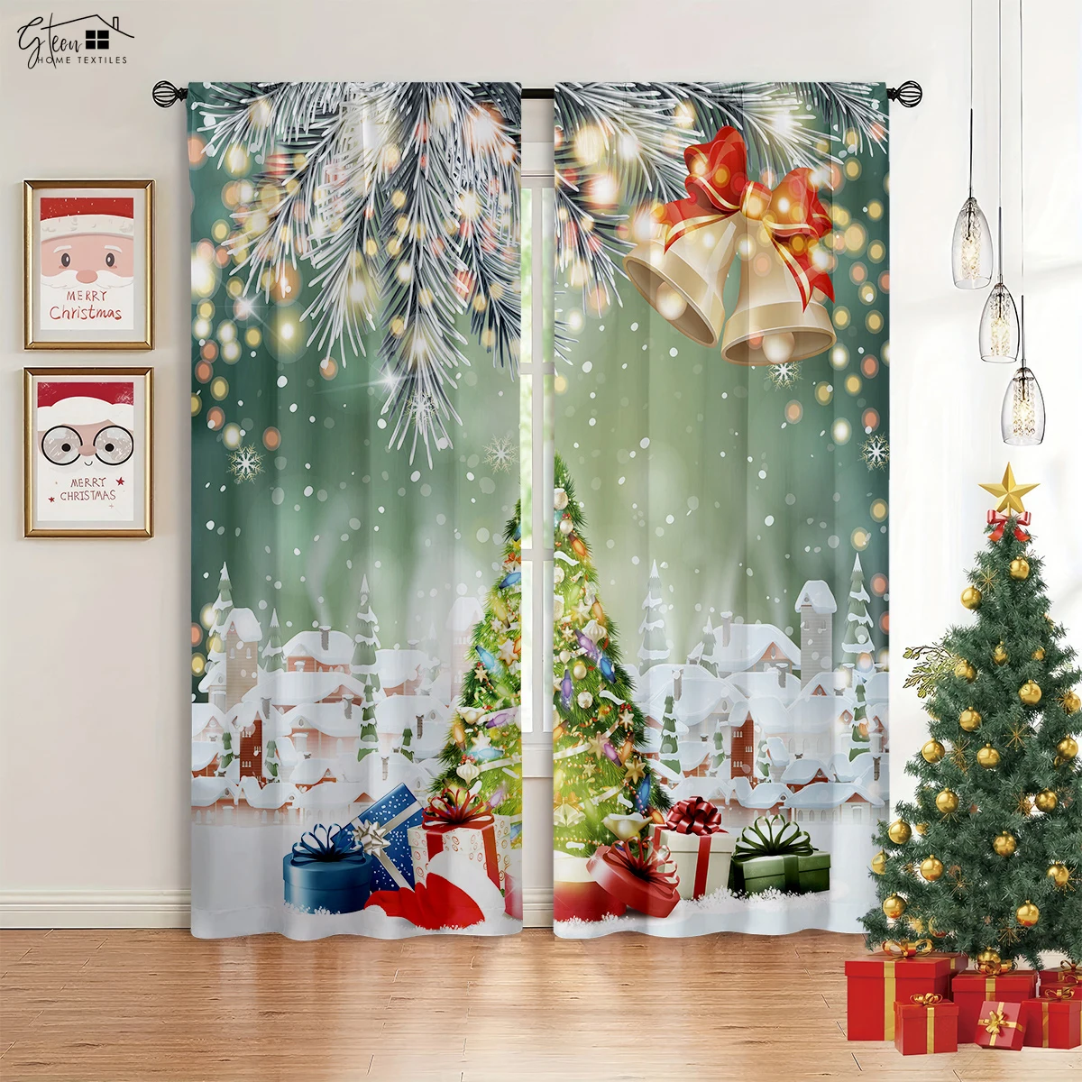 

Christmas New Year Decoration Curtain Christmas Tree Santa Claus Gift Elk Pumpkin Carriage Festive Atmosphere 3D Printed Curtain