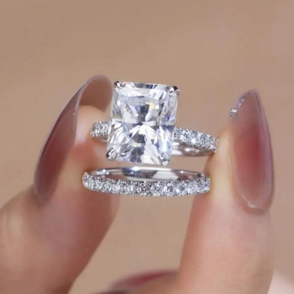 

Silver Plated CZ Bridal Ring Set, Radiant Cut Engagement Ring with Matching Wedding Band Gift