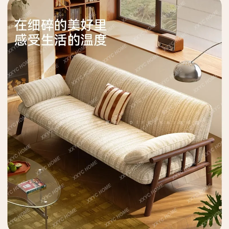 XXFabric sofa living room small apartment solid wood full dismantling and washing  cream wind