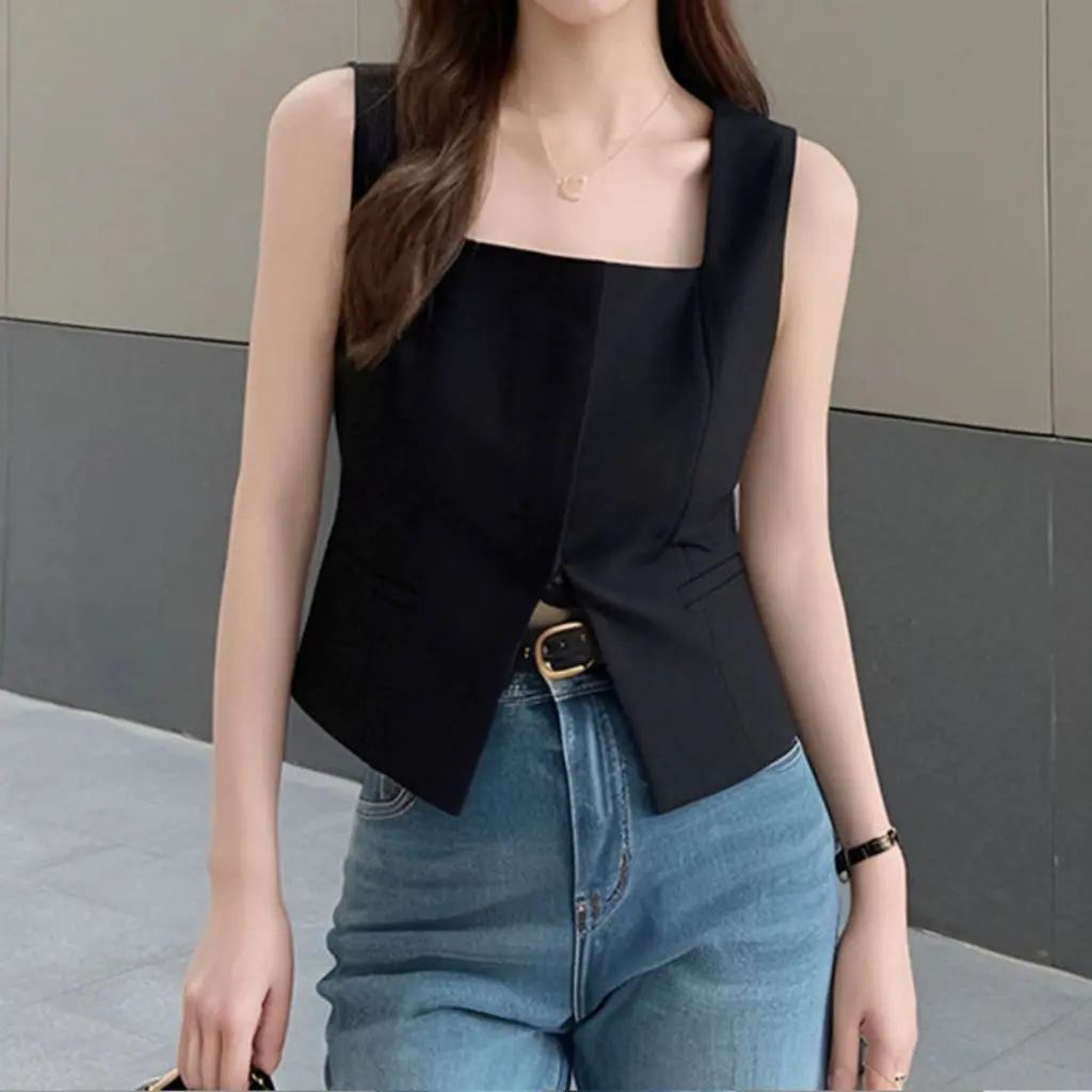 

Black Square Neck Sleeveless Vest Women's Summer Fashion Niche Slit Camisole Top Short New