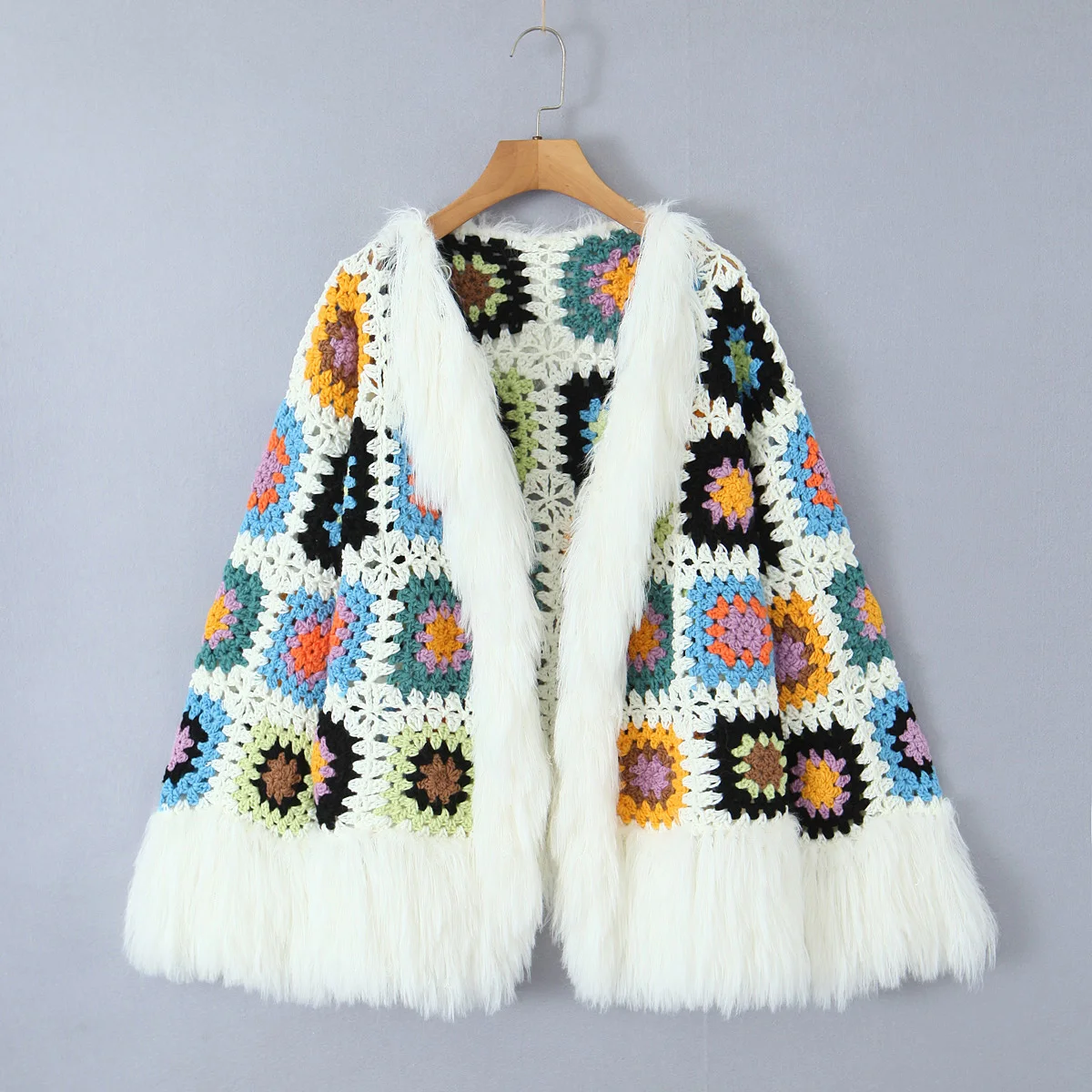 BOHO Long Hairy Tassel Colored Plaid Flower Hand Crochet Cardigan Ethnic Woman V neck Long sleeve Fringe Sweater Knitwear Jumper