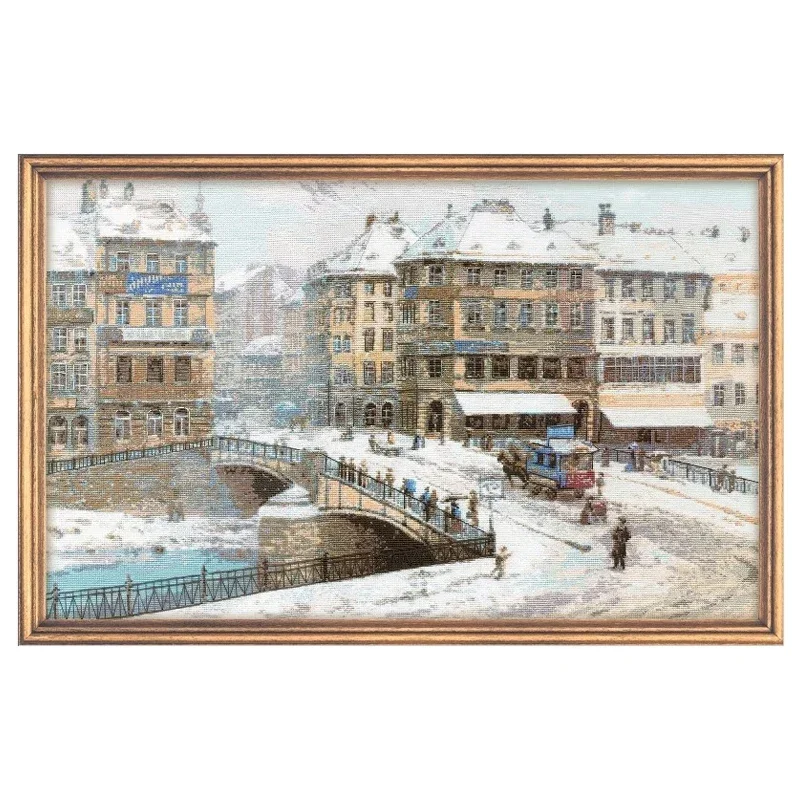 Amishop High Quality Lovely Counted Cross Stitch Kit Snowfall Snow City In Winter Bridge Coach Carriage Riolis 908