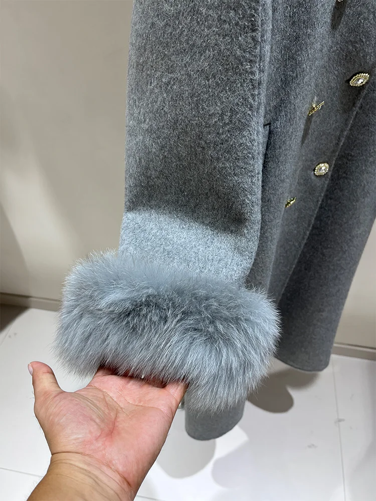 New Fashion Winter Women's Real Natural Fox Fur  Wool Coat Warm Jacket Fox Fur Cuffs Luxury Thick Female Coat