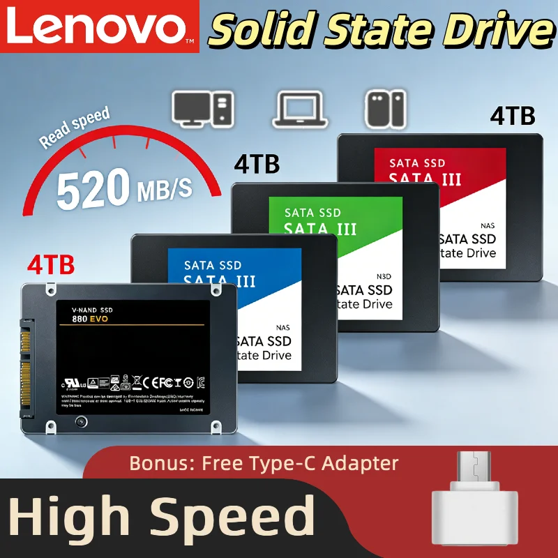 

Внешний твердотельный накопитель Lenovo 4 ТБ, внутренний интерфейс SATA3, портативный высокоскоростной SSD для ноутбуков, ПК и игровых систем