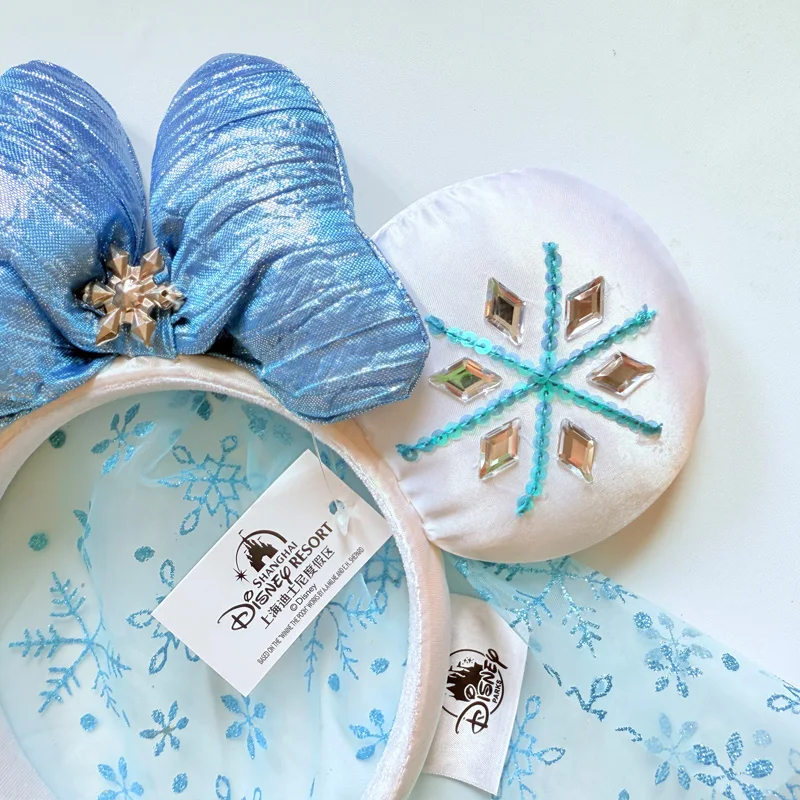 Disney Frozen Elsa Minnie Ears Headband, Blue Bow with Snowflake Tulle Veil, Ideal for Disneyland Trips & Cosplay view 4