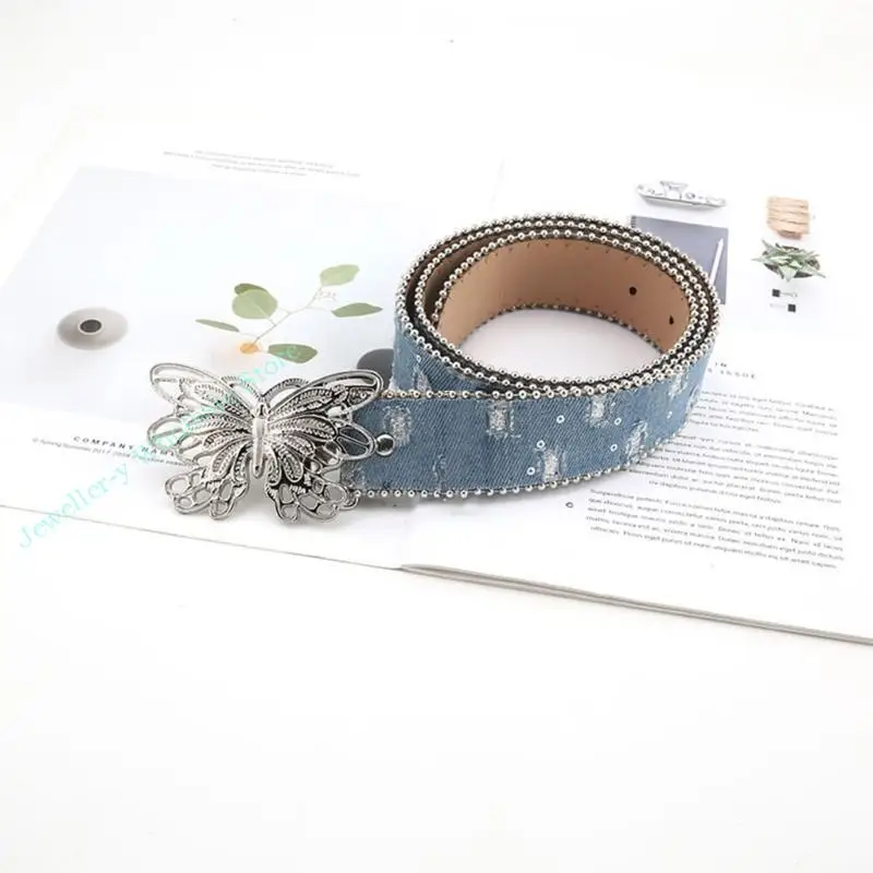 R7UF Silver Butterfly Buckle Belt Thin Belt Adult Adjustable Waist Straps