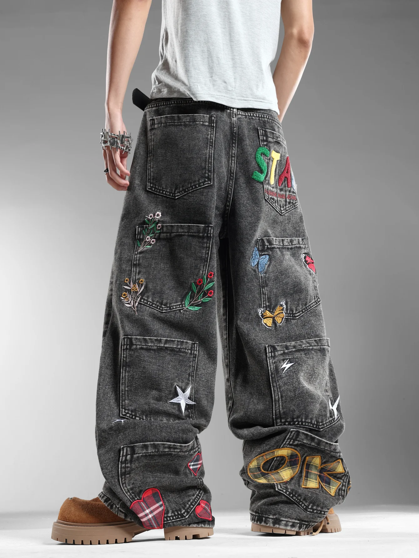 American-Style Vintage Embroidered Men's Loose Wide-Leg Jeans, Distressed Washed Y2K Street Fashion Versatile Long Pants