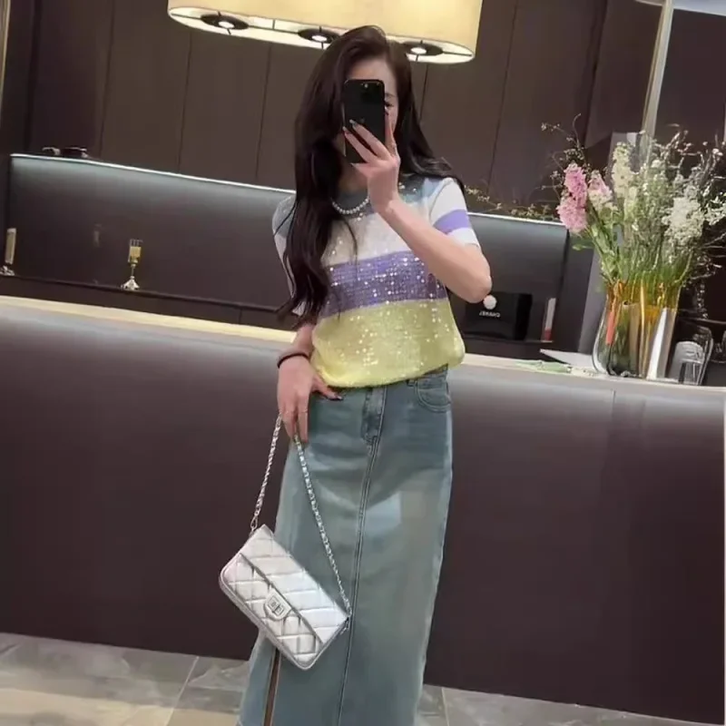 Spring Womens Striped Sequin Short Sleeved Knitted Shirt Pullover