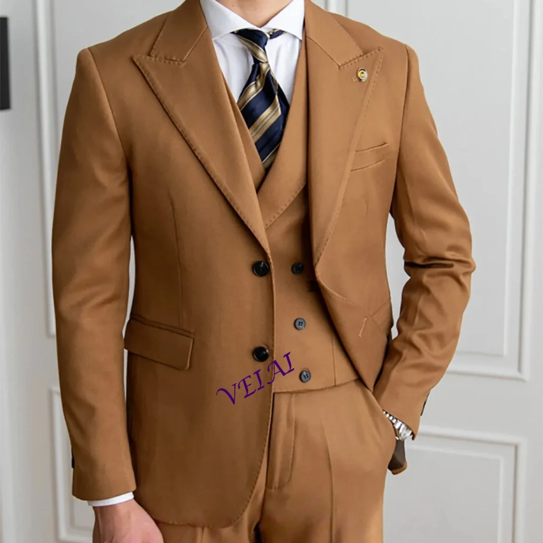 

Fashion Boutique Brown Men Suits Peak Lapel Single Breasted Slim Fit 3 Piece Business Wedding Groom Party Tuxedos Customized