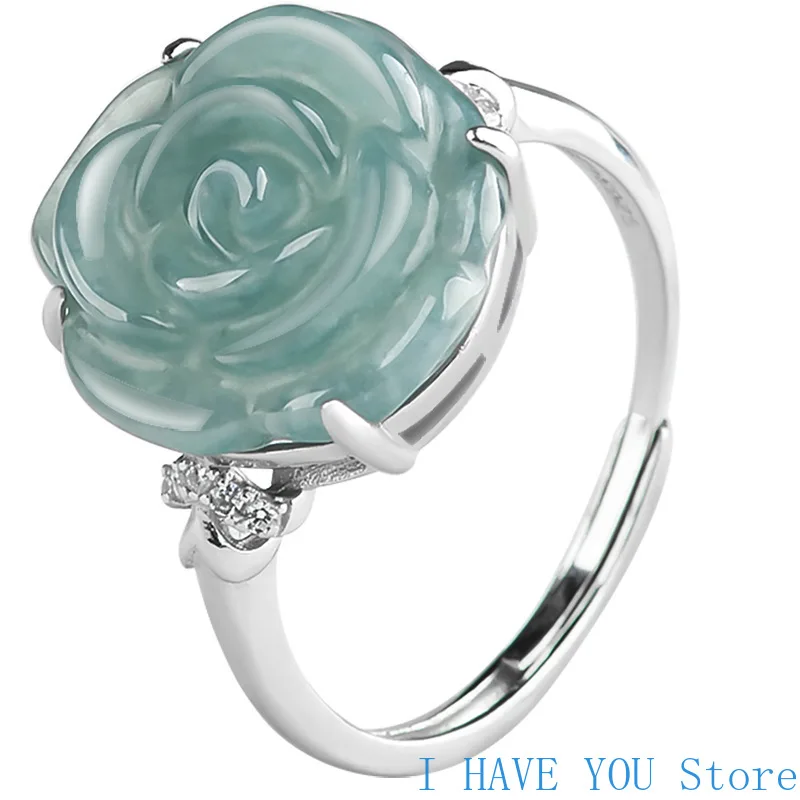S925 Silver Inlaid Natural A Goods Jade Blue Water Rose Ring Ice Jade Fashion Ring Women's Ring Luxury Jewelry Gift