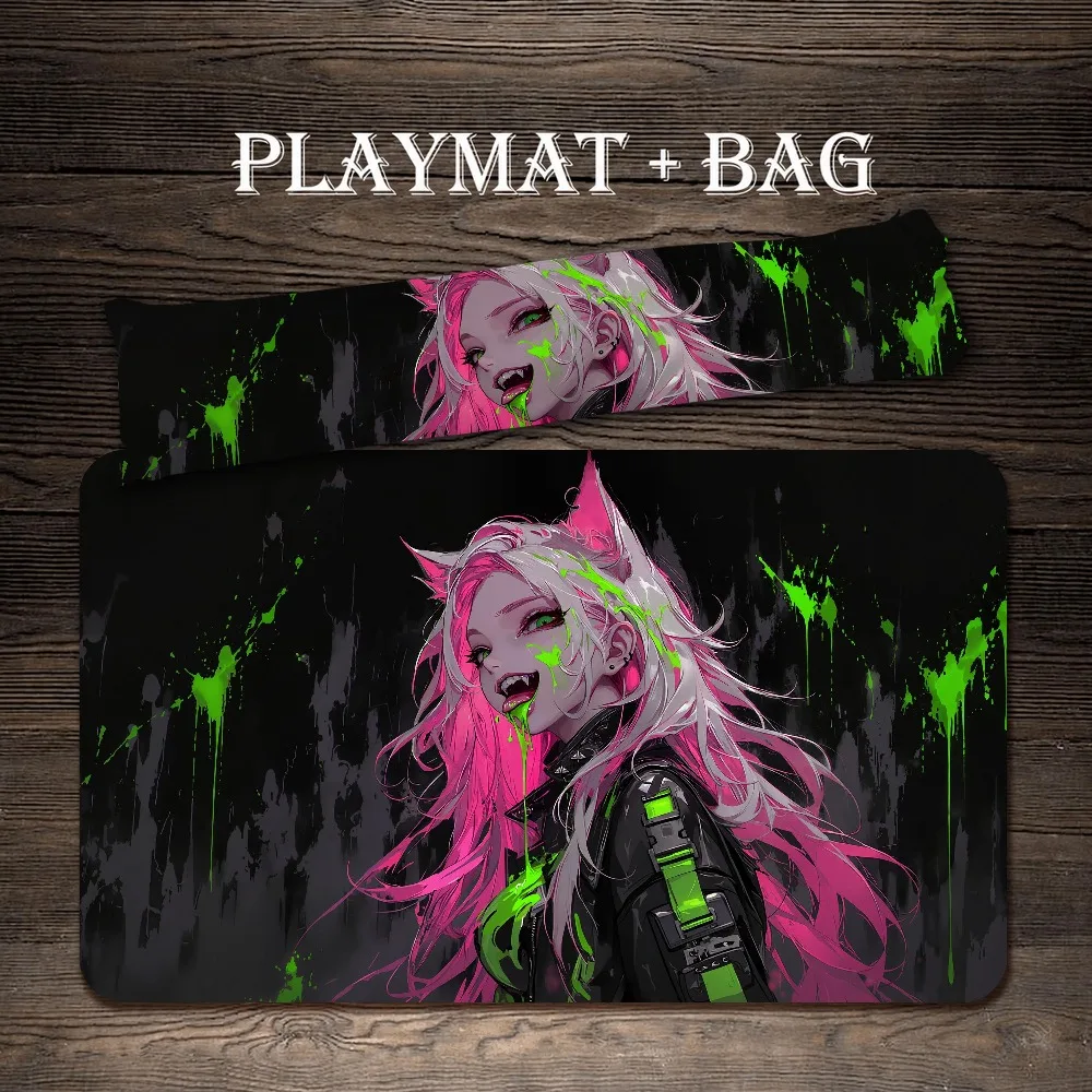 Cyberpunk Cat Girl TCG Playmat Pink Hair Neon Green Paint Splatter Dark Anime Art Premium Rubber Large Gaming Desk Mat