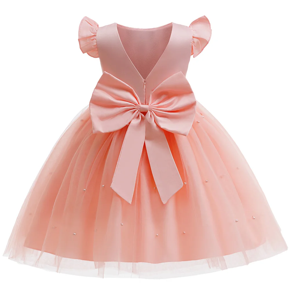 Kids Girls Flying Sleeve Beaded Bow V Back Tulle Dress For Children Evening Birthday Party Performance Wedding Guest Vestidos