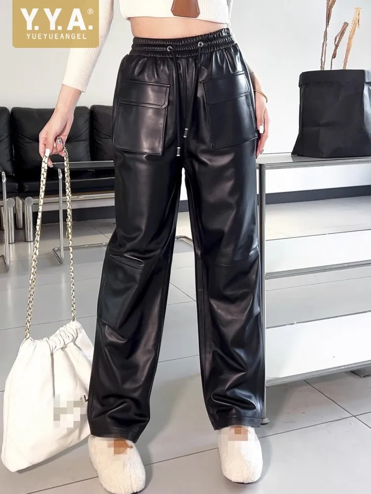 

Fashion Women Genuine Leather Pants Spring Autumn Sheepskin High Waist Straight Trousers High Street Casual Cargo Pants Female