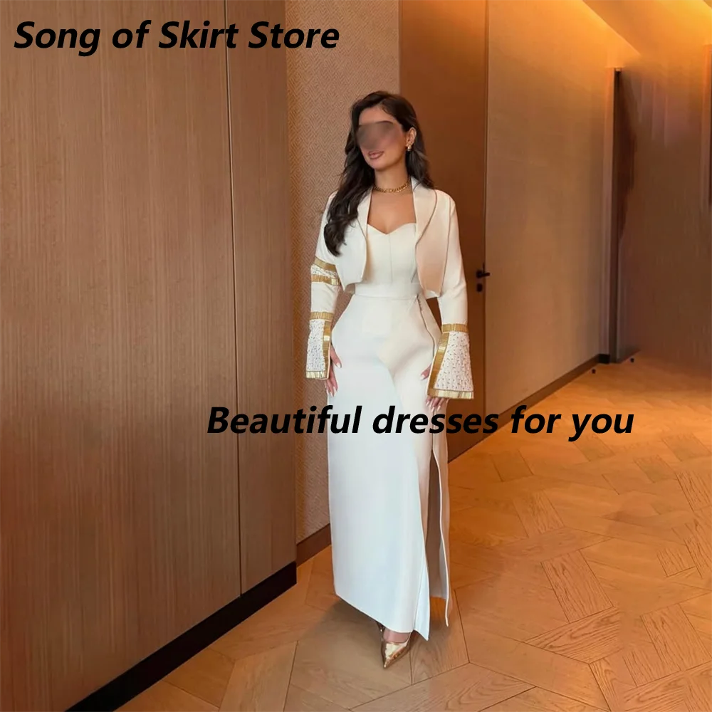 

Luxury Women's Evening Dresses with Jacket Long Sleeves Sweetheart Neck Crystal Mermaid Prom Dresses Slit Party Gown Customized