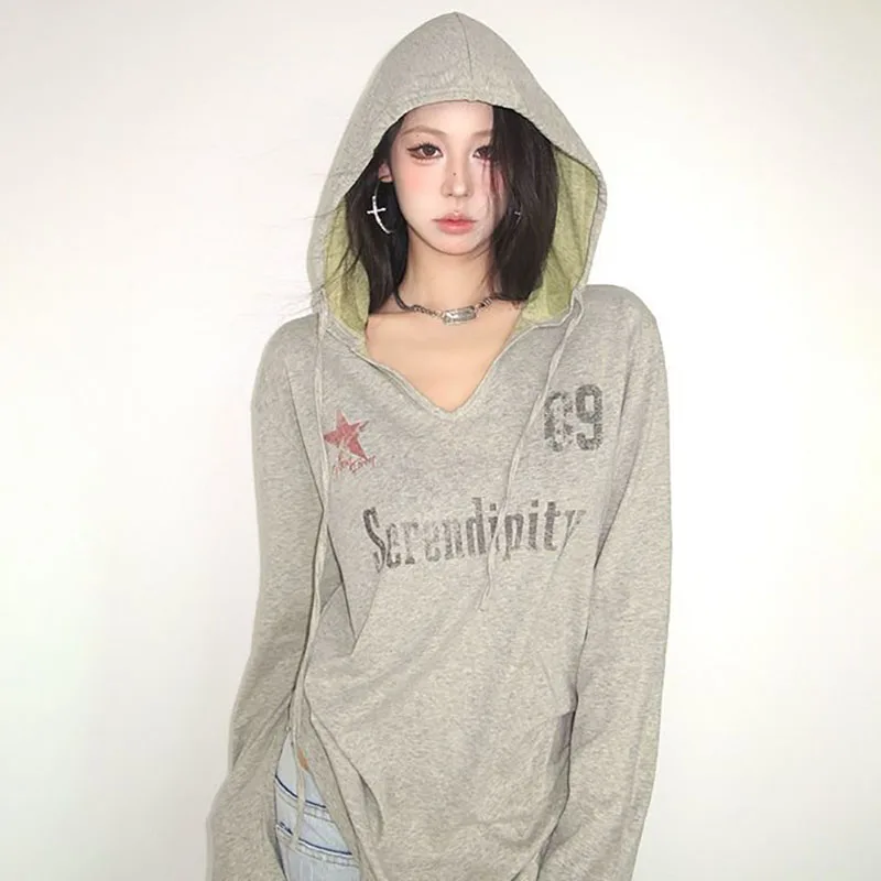 American Style Vintage Long Sleeved T-shirt Mottled Letter Print Hooded Tops Women Loose Sun Protection Thin Hoodie Sweatshirts