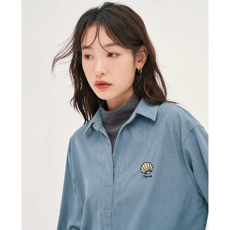 Toyouth Women Fake Two Piece Corduroy Shirts 2022 Winter Long Sleeve Half Turtleneck Loose Blouse Khaki Blue Streetwear Tops