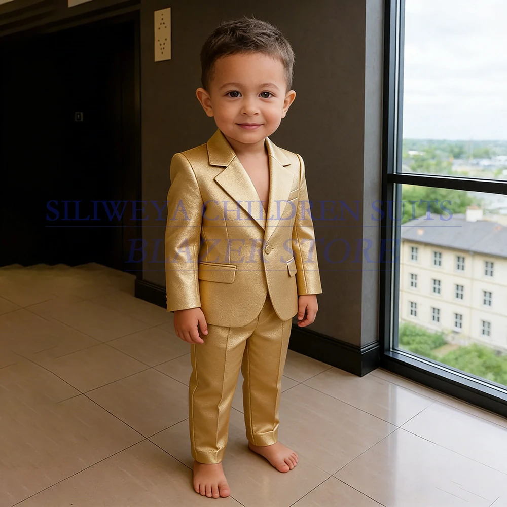 

Формальные золотые костюмы для мальчиков, комплекты из двух предметов, куртка и брюки, роскошные облегающие детские наряды с лацканами на одной пуговице, детский блейзер на заказ