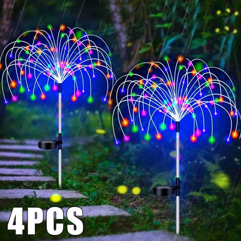 200 LED Solarbetriebene Gartendekoration Außenbeleuchtung, 4er-Pack Solar-Gartenleuchten für Draußen, Feuerwerk-Dekorationslichter, Mehrfarbige 8-Modus Solar-Terrassenbeleuchtung für Garten, Wege,