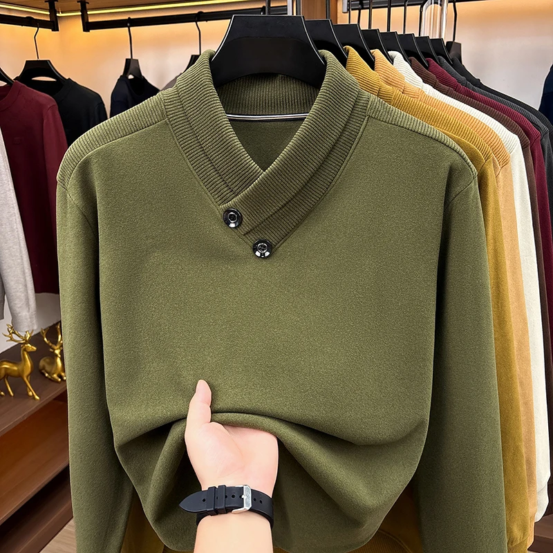 New Casual Fashion Autumn Winter Men's Knitted Sweatshirt Decorative Buttons Solid Color Pullover Tops Exquisite Soft Men's Wear