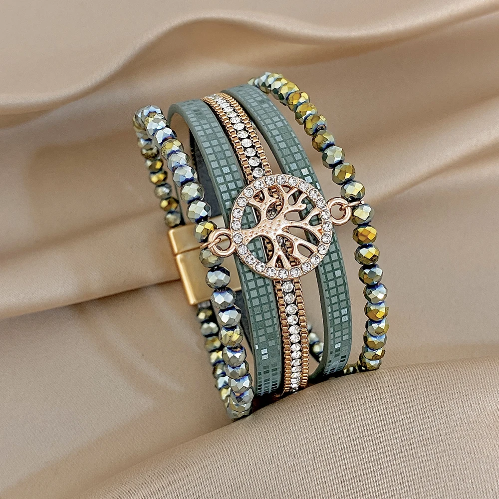 Amorcome Retro Tree of Life Green Leather Bracelet Women Boho Multilayer Rhinestone Crystal Bead Wrap Wide Bracelet Jewelry Gift