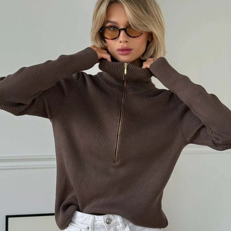 女性ハーフジッパートップニットハイカラーセーター厚く暖かい長袖ジャンパーカジュアルシンプルな無地オーバーサイズプルオーバー