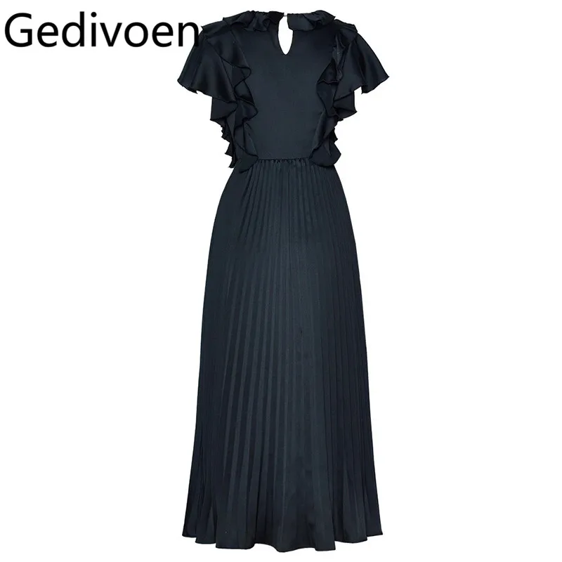 فستان Gedivoen للربيع/الصيف برقبة دائرية وأكمام قصيرة مزين بطيات وحزام خصر مكشكش على طراز الأميرة #3