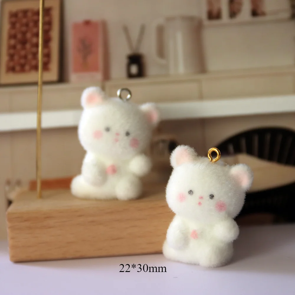 30Pcs 3D Flocking Cute Cat Charms Cartoon Animal Bear Resin Pendant  Earrings Keychains Accessories For DIY Crafts Jewelry Make