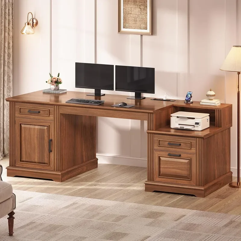 Farmhouse Executive Desk 62 Home Office Desk with File Drawers 3Drawer and Storage Cabinet Computer Desk with Power Outlet
