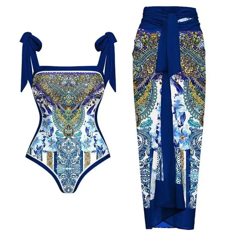 

2024 New Two Piece Printed Swimwear Slim Fit Conservative Anti Shining lady Swimwear 2 sides wear bodysuit